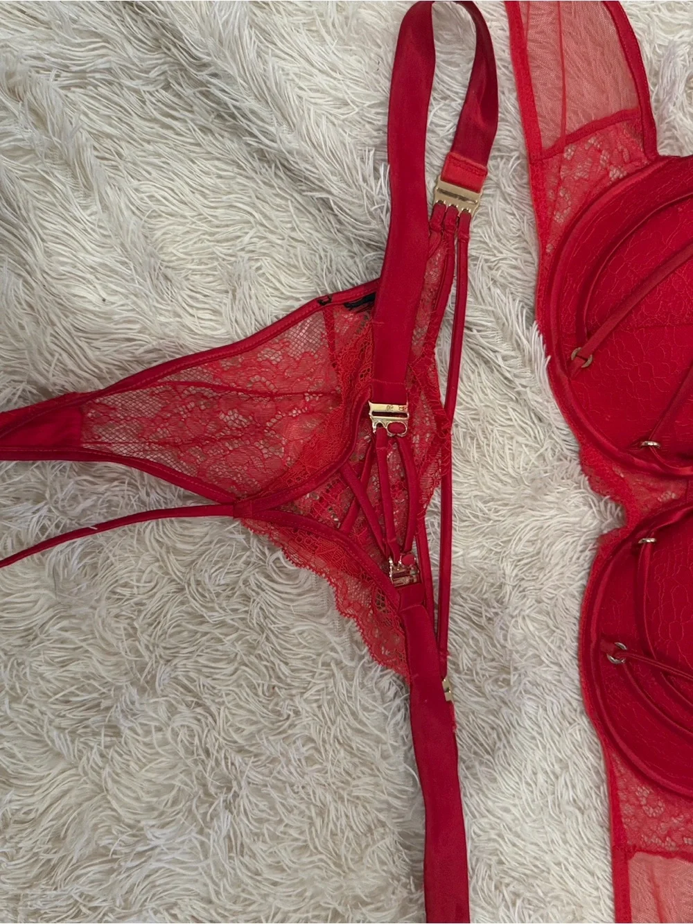 Honey Birdette Red Lace Underwire Bra and Matching Panty Set 38D & L